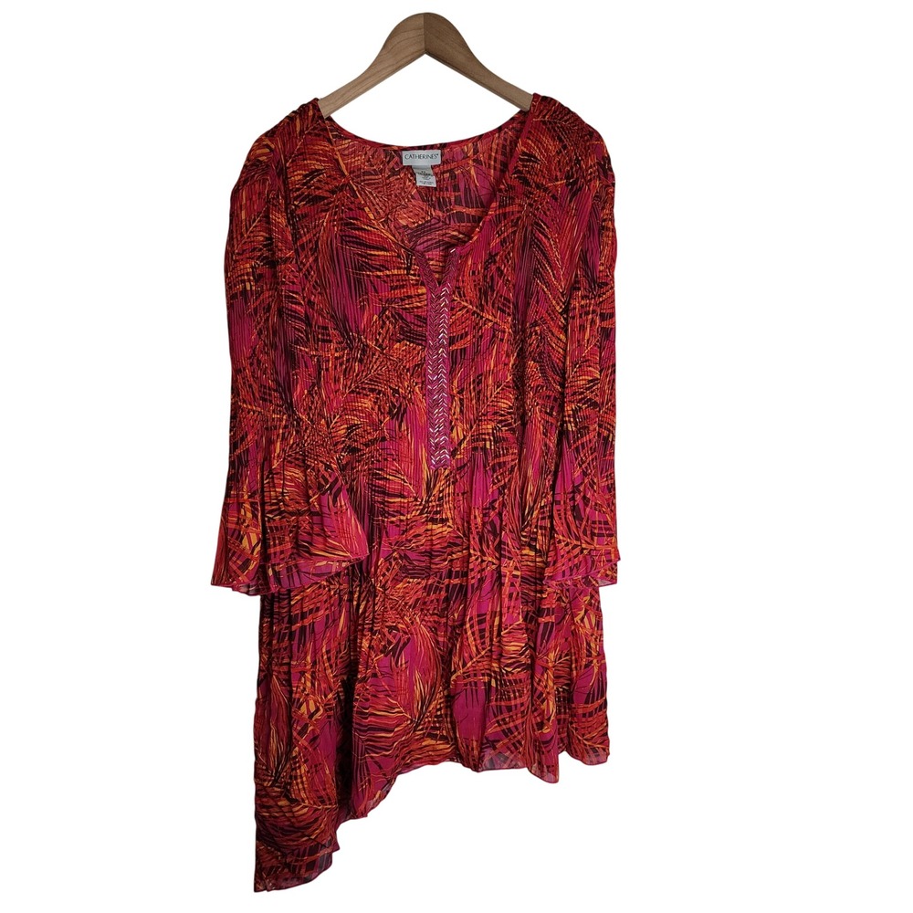 Catherine's Button‎ Up Top Women's 3X Tropical Beaded Pleated 3/4 Sleeve Top Red
